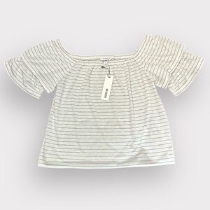 BB Dakota White Grey Striped Off-Shoulder Ruffle Sleeve Casual Soft Top- Size S